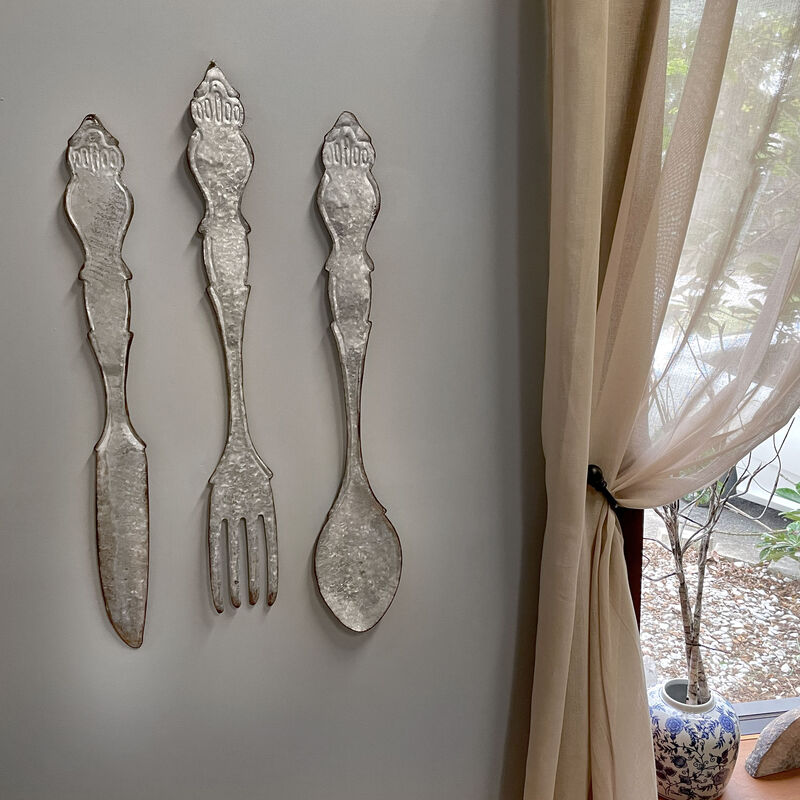 Giant Galvanized Metal Fork Spoon Knife Farmhouse Kitchen Decor Wall Hanging Set image number 6