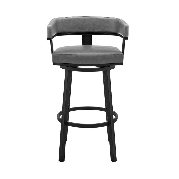 Swivel Counter Barstool with Curved Open Back and Metal Legs, Black and Gray-Benzara