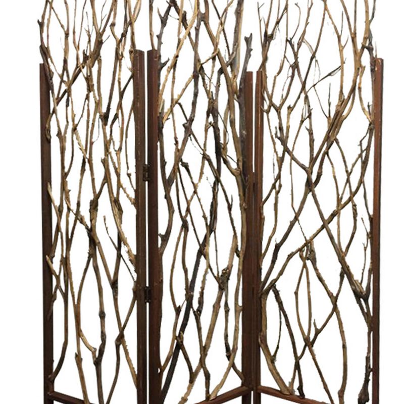 3 Panel Contemporary Foldable Wood Screen with Tree Branches, Brown-Benzara image number 3