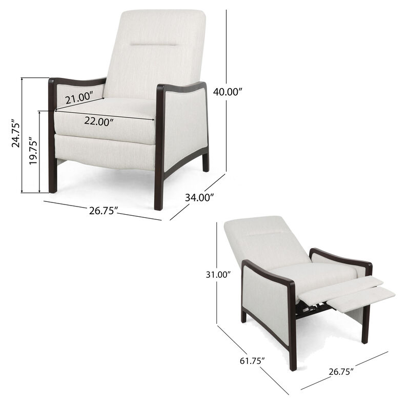 Reina Recliner Chair with Push-Back, Brown Birch Wood, Beige Fabric - Benzara