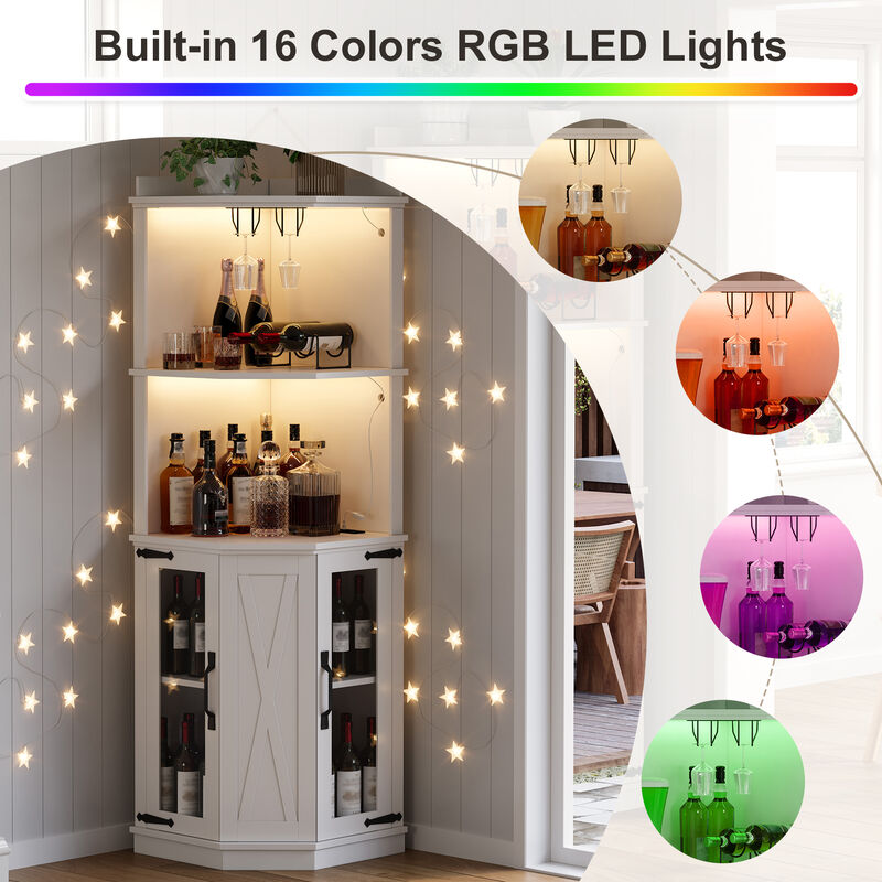 Merax Corner Bar Cabinet with Power Outlet - Farmhouse Style Multifunctional Storage image number 5