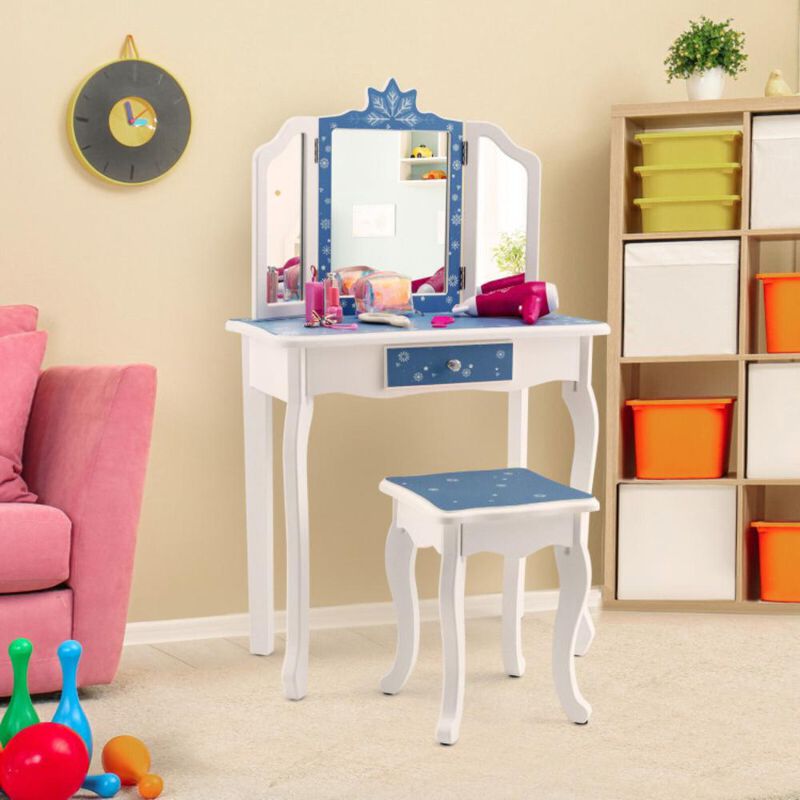 Hivvago Princess Vanity Table and Chair Set with Tri-Folding Mirror and Snowflake Print