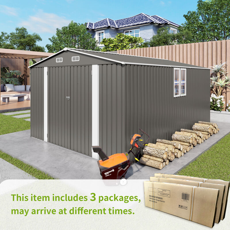 10x14 FT Outdoor Metal Storage Shed with Three Lockable Doors and Clear Window image number 9