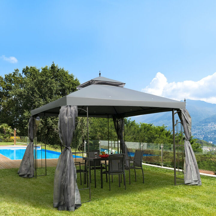 10' x 10' Steel Outdoor Patio Gazebo Canopy with Removable Mesh Curtains, Display Shelves, & Steel Frame, Grey