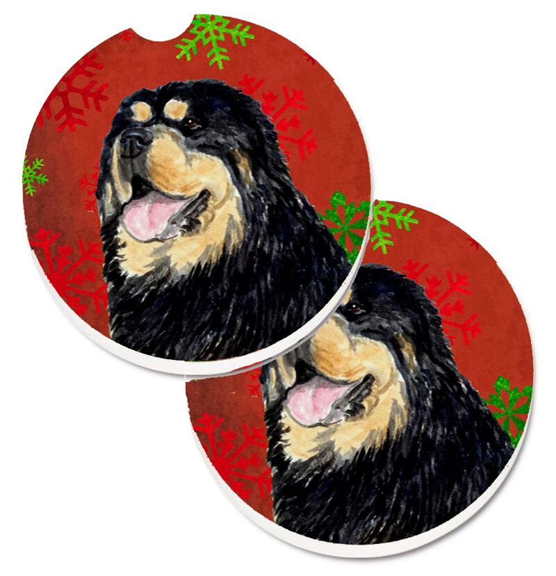Caroline's Treasures Tibetan Mastiff Red green Snowflake Christmas Set of 2 Cup Holder Car Coasters SS4719CARC, 2.56, Multicolor image number 0