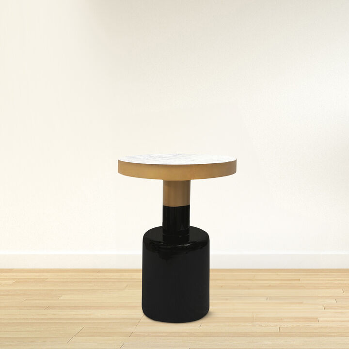 20 Inch Round Side End Table, Gold Banded Natural White Marble Top, Black Enamel Coated Iron Pedestal Base - Benzara