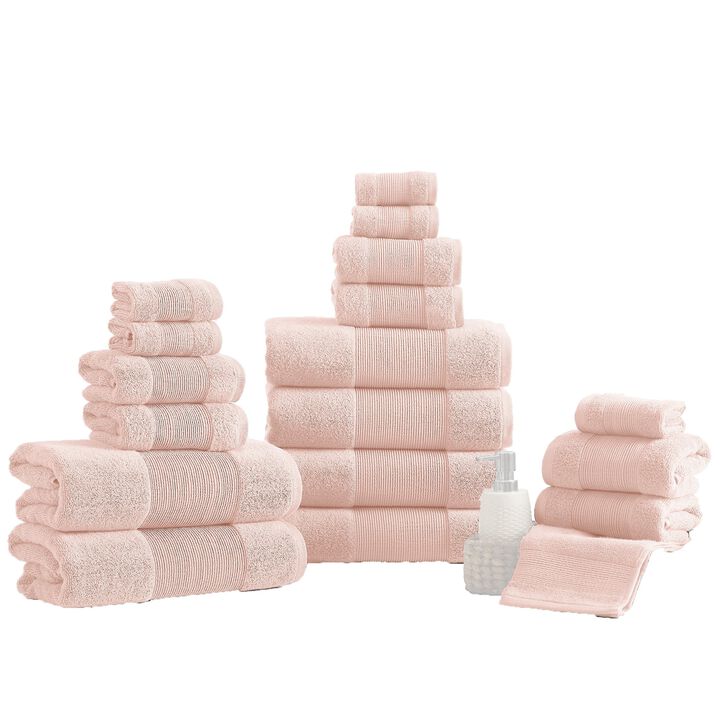 Lyra 18 Piece Ultra Soft Towel Set, Absorbent Textured Cotton, Blush Pink-Benzara