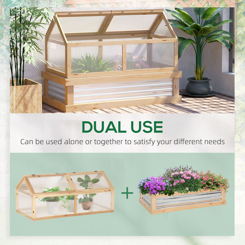 Outsunny Raised Garden Bed with Polycarbonate Greenhouse, Wooden Garden Cold Frame Greenhouse, Flower Planter Protection, 48" x 24" x 32", Natural