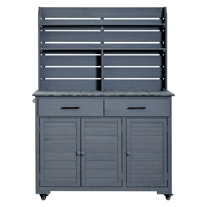 Whisen 65"H Rustic Garden Potting Table with Wheels, Lockable Storage Cabinet & Hutch Top