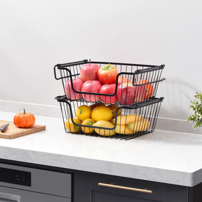 Oceanstar Stackable Metal Wire Storage Basket Set for Pantry, Countertop, Kitchen or Bathroom, Black, Set of 2