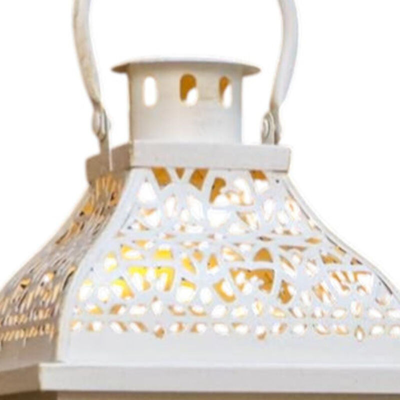 HomeRoots Set of Two Cream Distressed Filigree Metal Tabletop Lantern Candle Holders image number 2