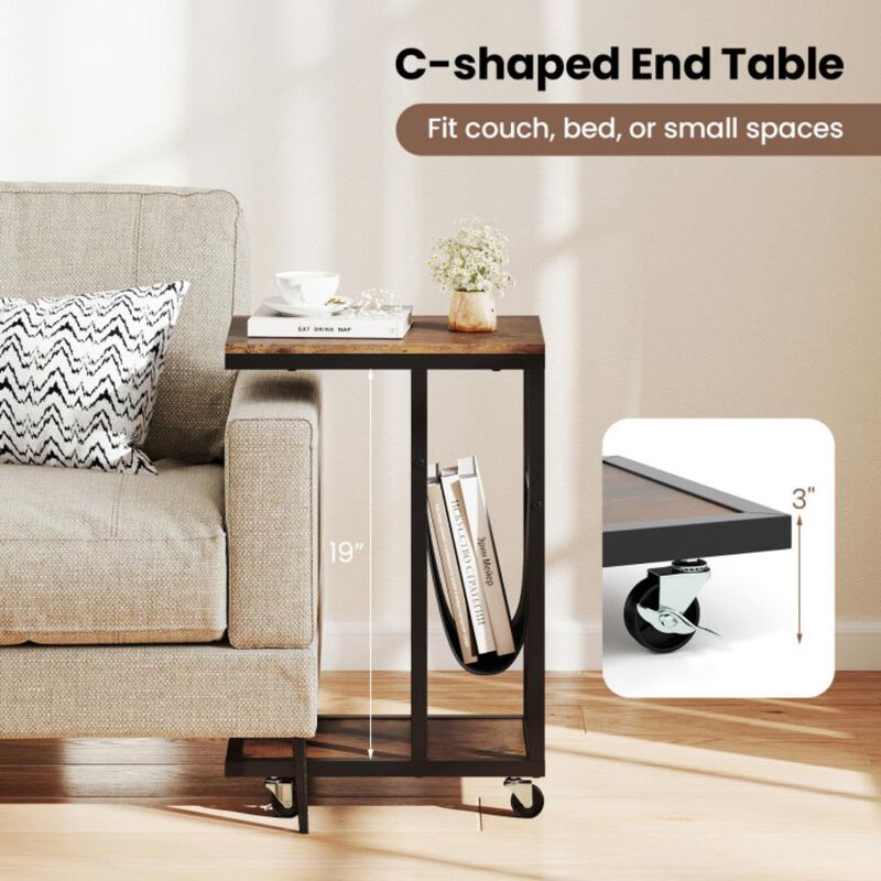 Hivvago C-shaped Side Table with Canvas Storage Pouch and Metal Frame