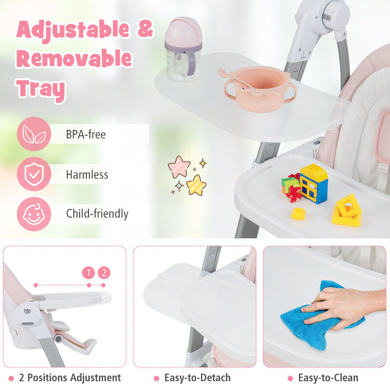 Baby Folding High Chair with 8 Adjustable Heights and 5 Recline Backrest image number 4