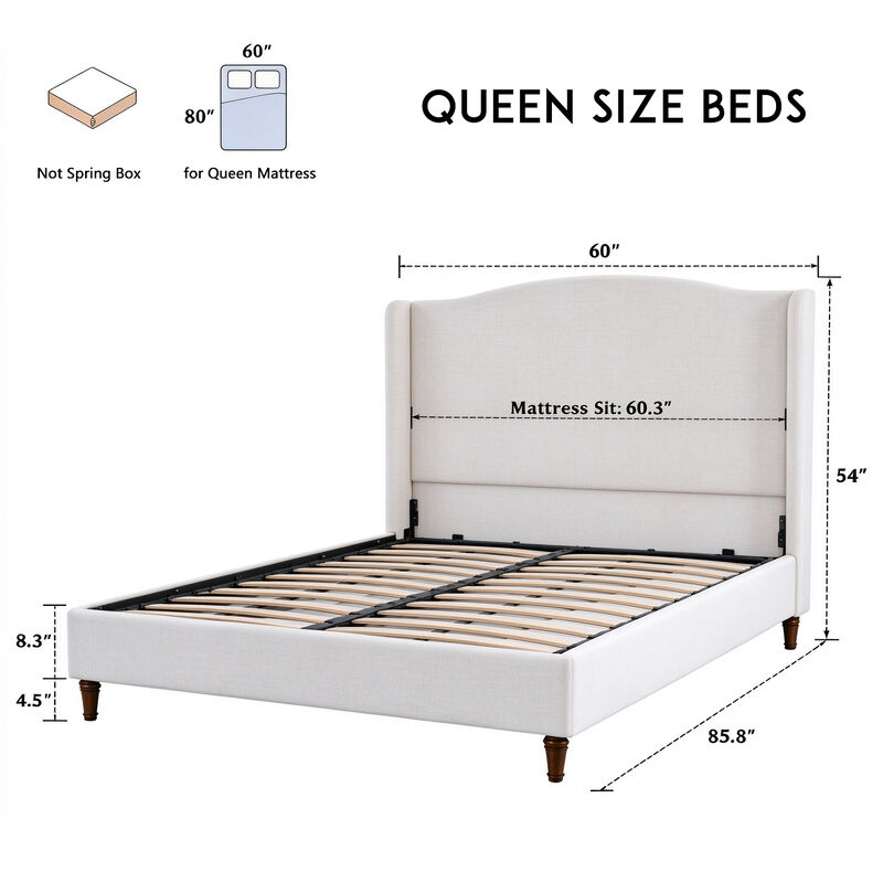 Queen Wingback Upholstered Bed with 54" Camelback Headboard, Ivory Textured Fabric image number 8