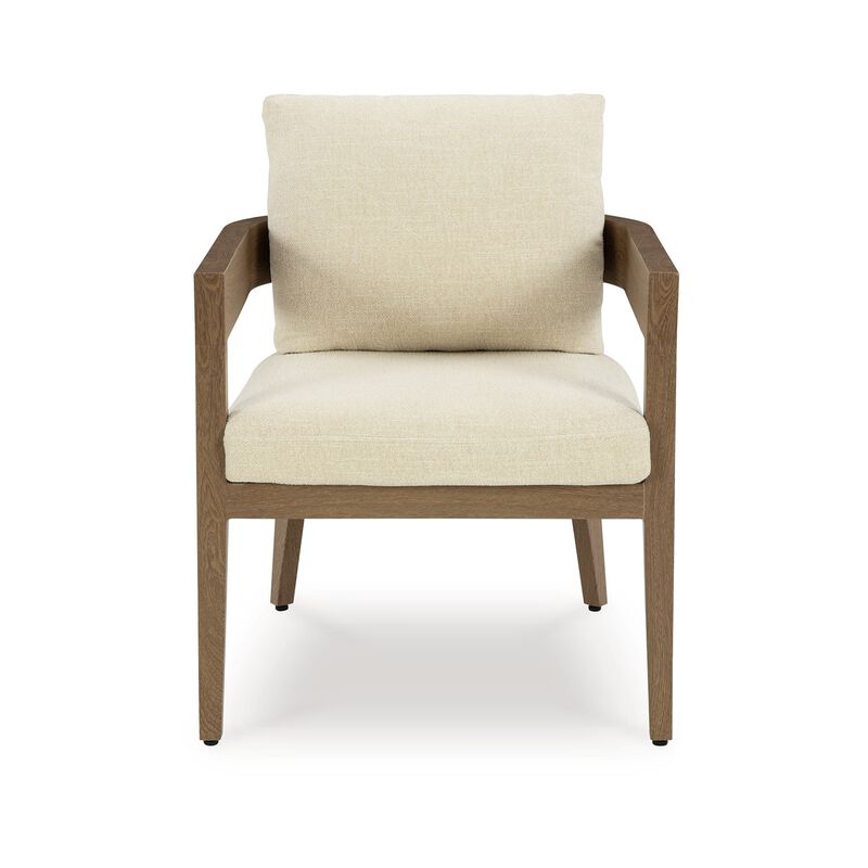 Baily Outdoor Armchair Set of 2, Cream White Fabric, Brown Metal - Benzara