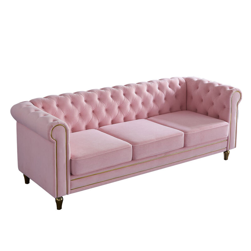 Chesterfield Velvet Sofa 84.65 inch for Living Room PINK Color
