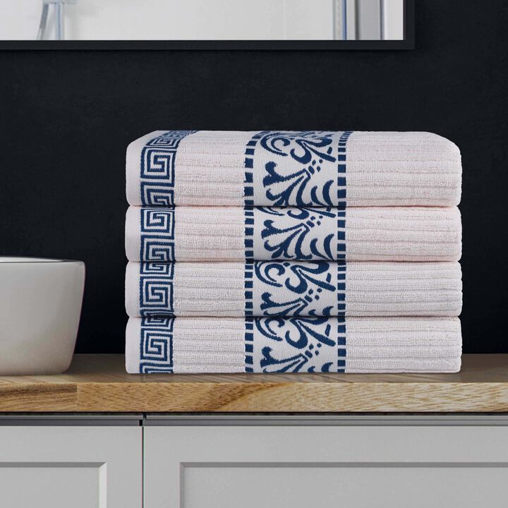 Cotton Terry Bath Towel Set of 4 with Decorative Greek Key Detailing