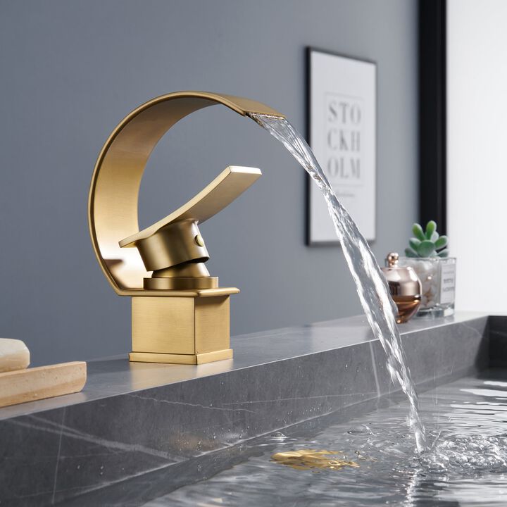 Mondawe Luxury C-Shape Arc Waterfall Spout Single Handle 8 inch Widespread Bathroom Sink Faucet With Pop-up Drain in Chrome