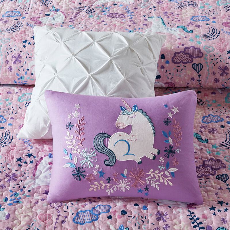 Gracie Mills Glenda 4-Peice Unicorn Reversible Cotton Quilt Set with coordinating Throw Pillows