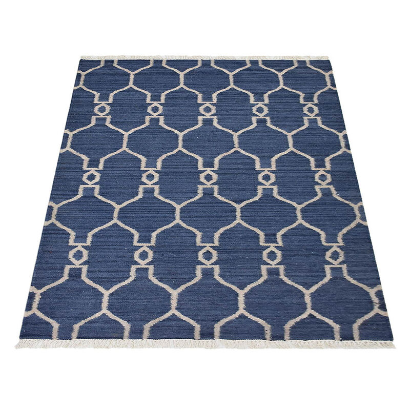 RUGSOTIC CARPETS HAND WOVEN FLAT WEAVE KILIM WOOL ECO-FRIENDLY AREA RUGS  - 4'x6', Rectangle Shape, Blue White Color, Contemporary Modern Design, Low Pile Handmade Rugs for Living Room (D00129)