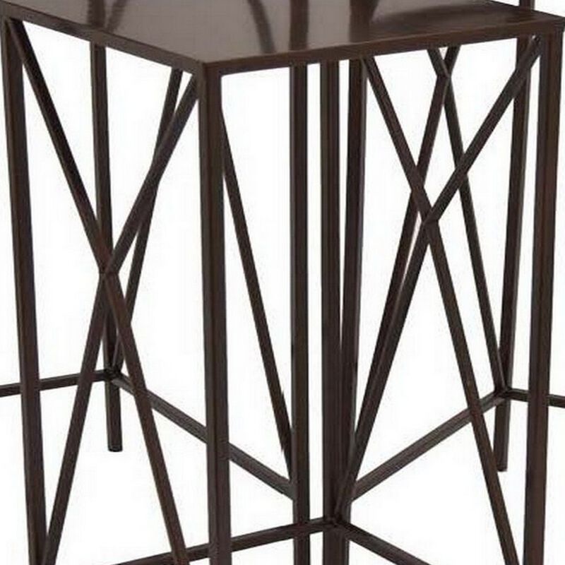Hyan Modern Plant Stand Side Table Set of 3, Crossed Brown Metal Frame - Benzara