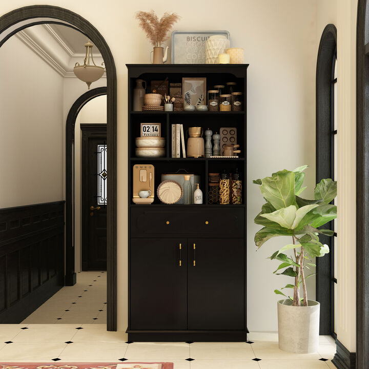 FUFU&GAGA Multi-Tier Storage Cabinet with One Drawer and Two Doors (31.5" W x 11.1" D x 71" H),Black