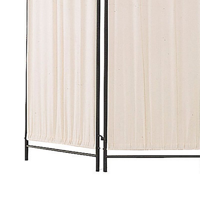 Folding Screen with Metal Frame & Gathered Fabric Panels, Black And White-Benzara