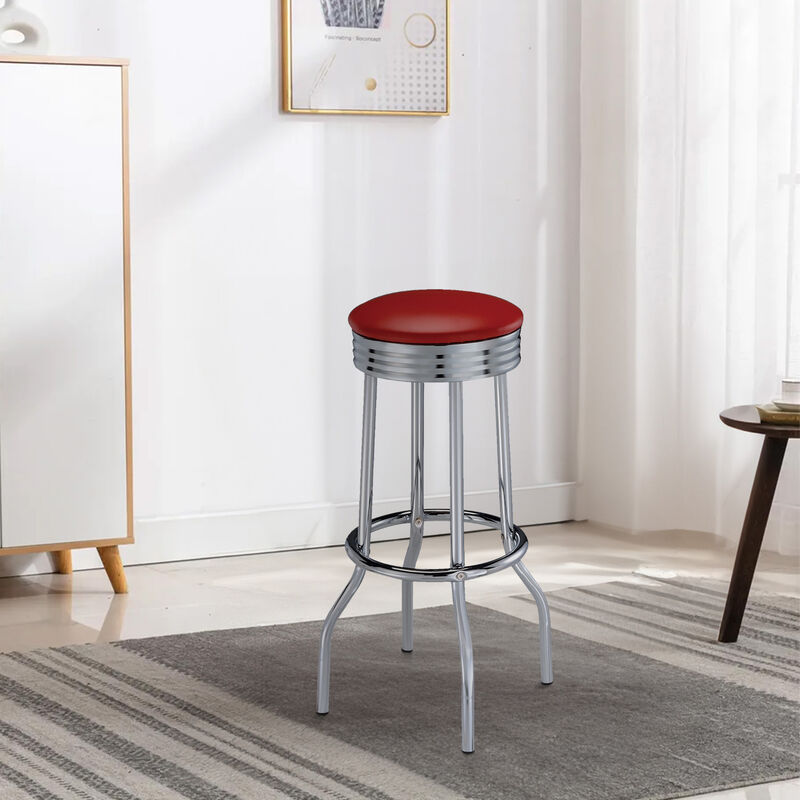 30 Inch Set of 2 Retro Barstools, Retro Red Faux Leather Seats, Chrome Legs - Benzara