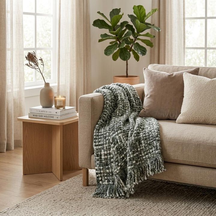 HomeRoots Green and White Knitted Cotton Blend Abstract Throw Blanket with Fringe