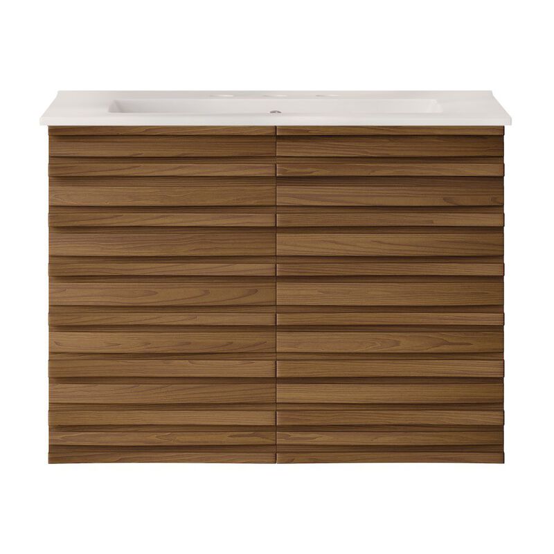 30" Wall-Mounted Bathroom Vanity in Brown Oak with 3-Hole Widespread Sink Top image number 0