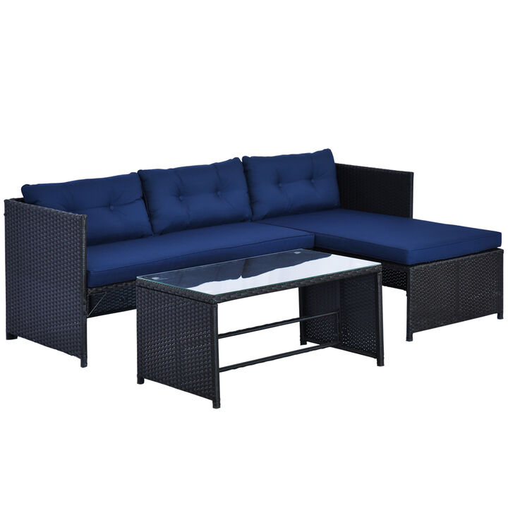 3PC Outdoor Wicker Furniture Set, Table, 3 Seats, Pillows, Cushions, Charcoal