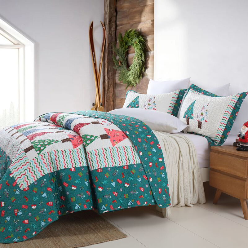 MarCielo 3Pcs Handcrafted Christmas Patchwork Cotton Vintage Style Holiday Bedspread Set PW101