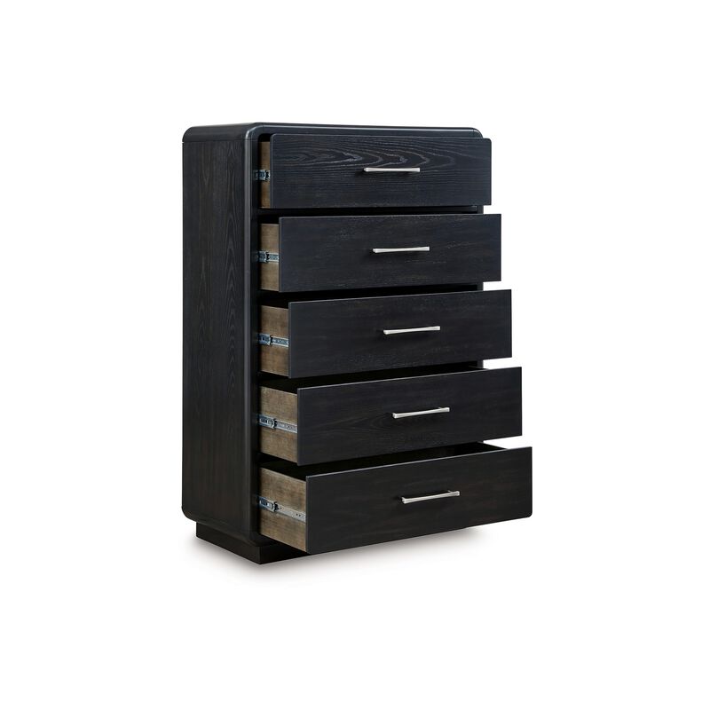 Robeck Tall Dresser Chest, 5 Drawer, Black 57 Inch, Silver Metal Handles - Benzara