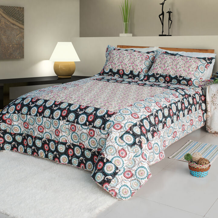 Cotton Floral Patchwork Quilt Set with Vermicelli Quilting Alice and Flower Design