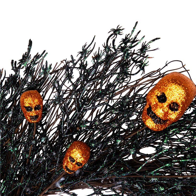 Black and Orange Skulls and Spiders Halloween Twig Wreath  22-Inch  Unlit image number 2