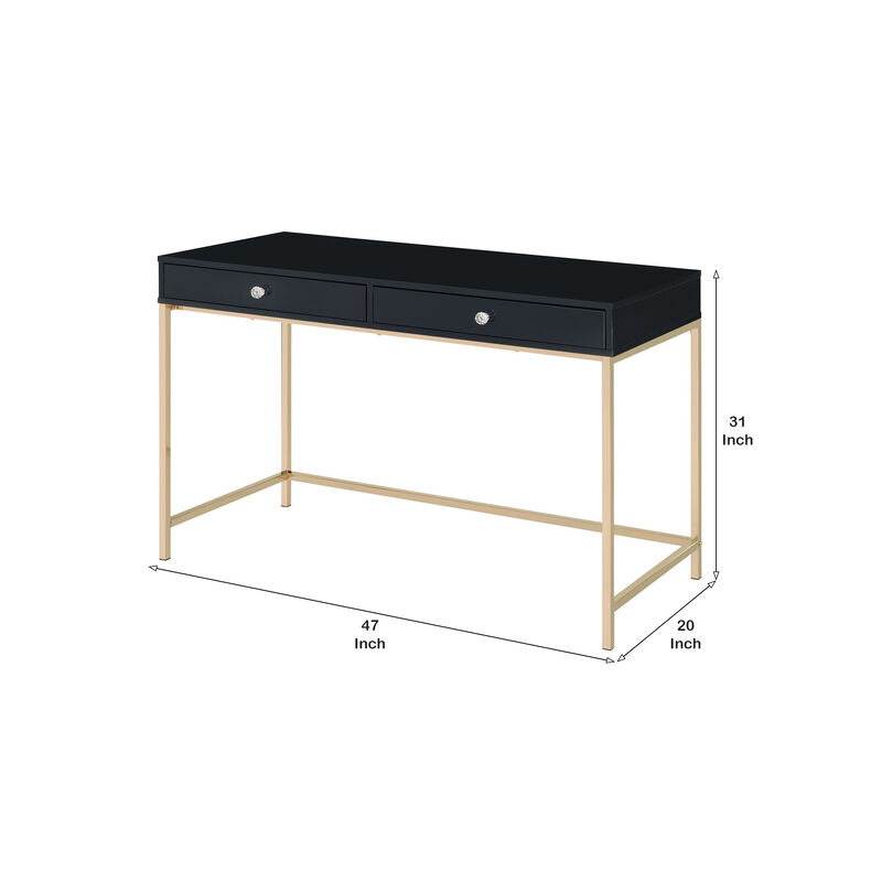 Writing Desk with 2 Storage Compartments, Black and Gold - Benzara