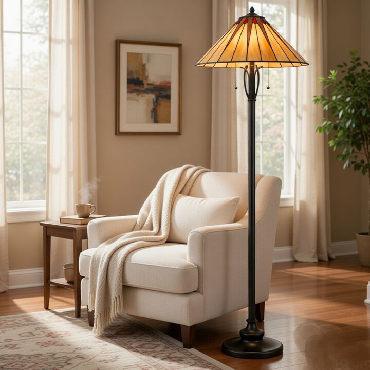 Eli Floor Lamp, Stained Tiffany Glass Shade, Hand Painted, Bronze 61 Inch