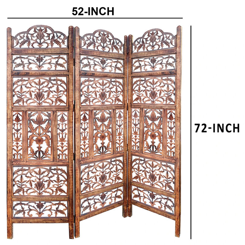 Handcrafted 3 Panel Mango Wood Screen with Cutout Filigree Carvings, Brown - Benzara