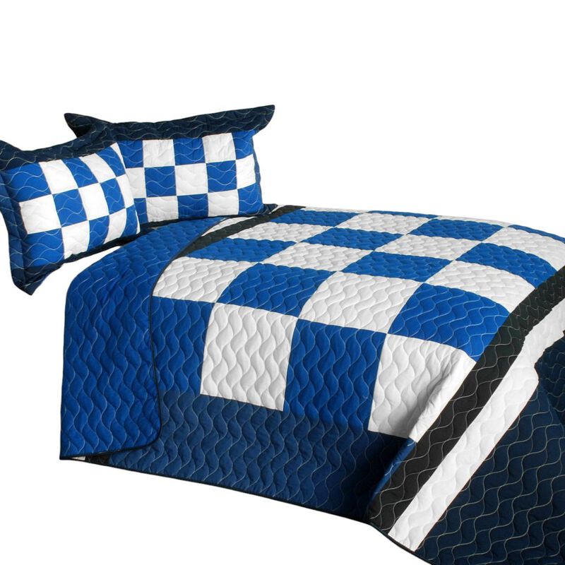 Queen Size 3 Piece Plaid Patchwork Quilt Set with Vermicelli Quilting-White image number 1