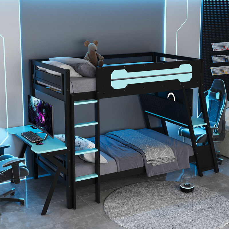 Merax E-Sports Themed Twin over Full Bunk Bed with Dual Gaming Desks image number 3