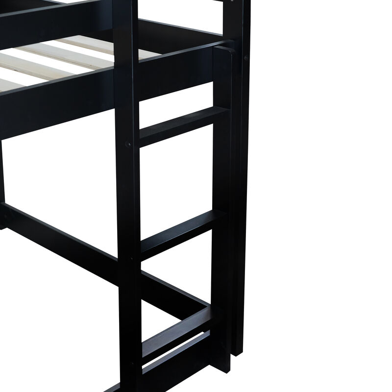Whisen Twin over Twin Rubber Wood House-Shaped Floor Bunk Bed with ladder and Safety Guardrails image number 7