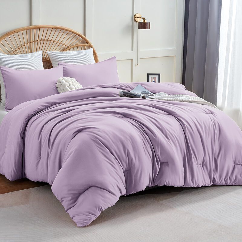 CozyLux Lavender Purple Comforter Set Queen Size, 3 Pieces Solid Breathable Quilted Boho Style Bedding Sets, Luxury Fluffy Soft