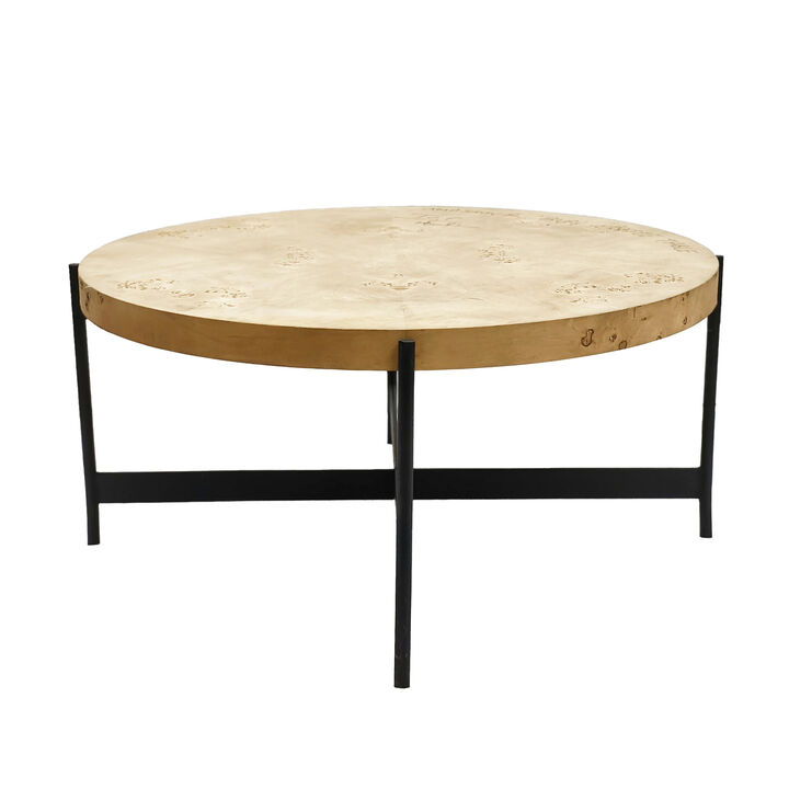 Hivvago 36 Inch Natural And Black Wood and Iron Round Coffee Table
