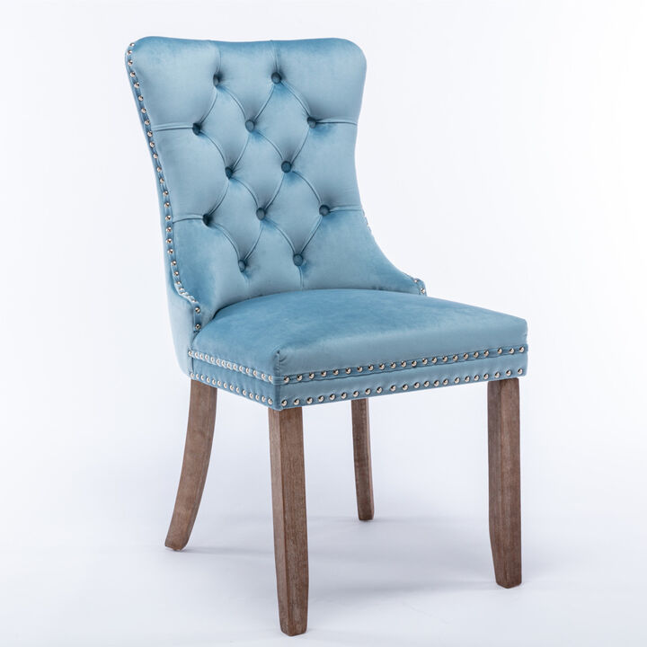 Modern, High-end Tufted Solid Wood Contemporary Velvet Upholstered Dining Chair with Wood Legs Nailhead Trim 2-Pcs Set, Light Blue