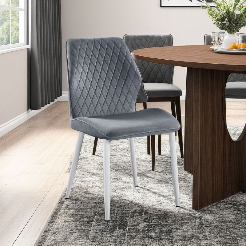 Bailey Dining Chair Set of 2, White Metal, Gray Diamond Quilted Velvet