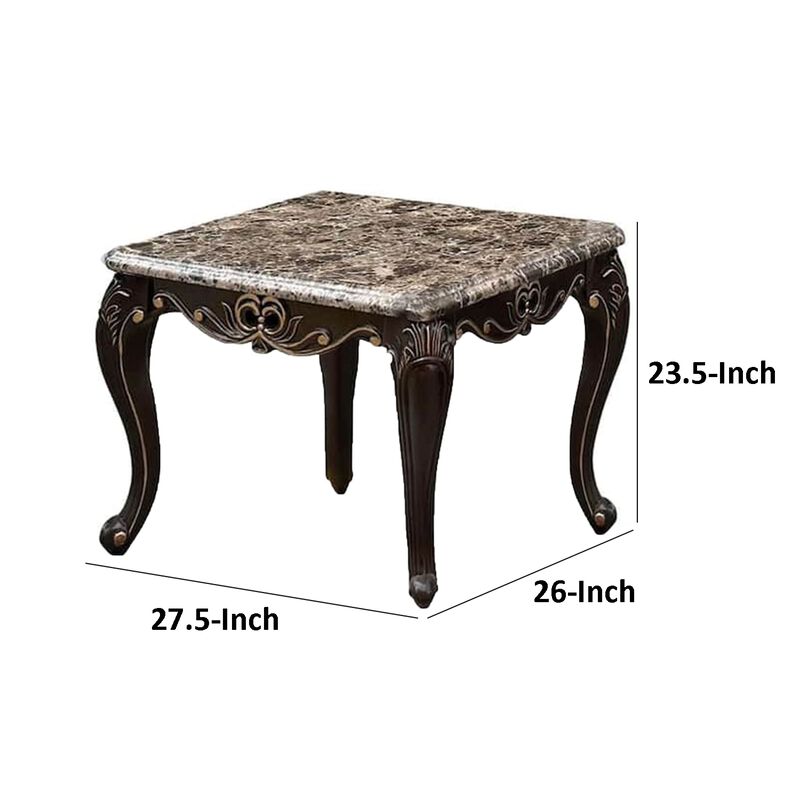 Ery End Table, Dark Walnut Brown Wood, Carved Details, 28 Inch