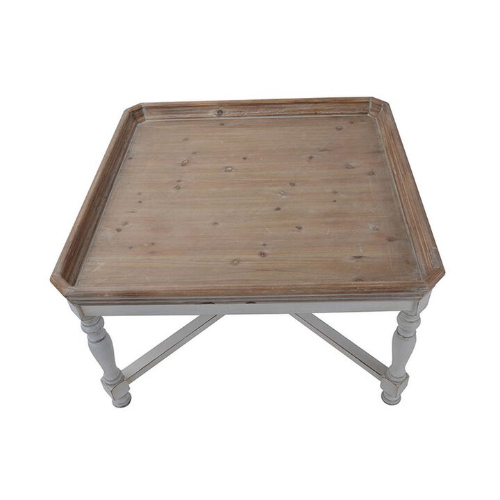 Fin 33 Inch Coffee Table, Tray Top, Rustic Fir Wood, Antique White, Brown-Benzara
