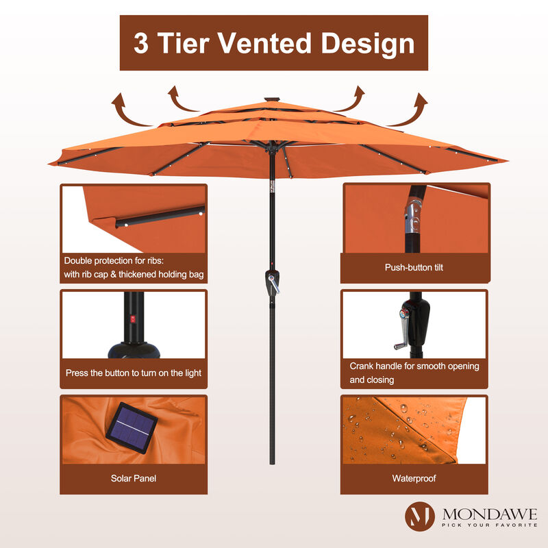 Mondawe 11 ft. Market Patio Umbrella 3-Tiers Crank and Tilt Outdoor Umbrella with LED Lights