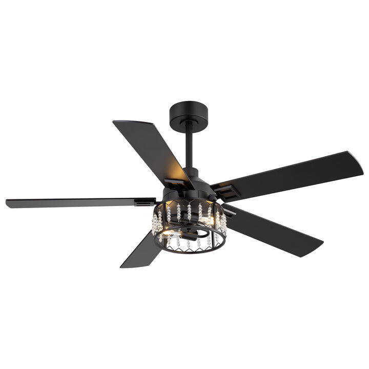 Breezary 52" Crystal Ceiling Fan with Lights, 2-Light E26 Base, DC Motor, 6-Speed Remote, Reversible Grain Blades, Quiet
