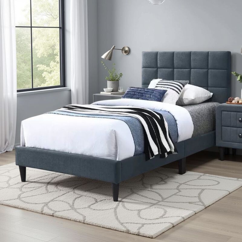 Lilian Twin Bed, Soft Biscuit Tufted Charcoal Gray Linen Upholstery - Benzara
